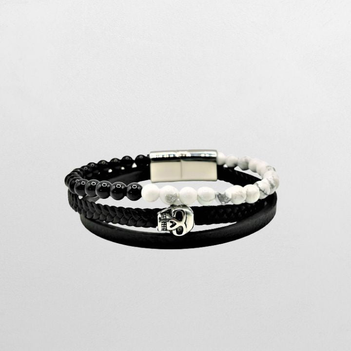 Armbånd | Hodeskalle og sorte skinnreimer | Herre 21 cm