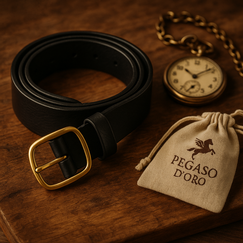 Sort damebelte i ekte skinn og gullfarget spenne.