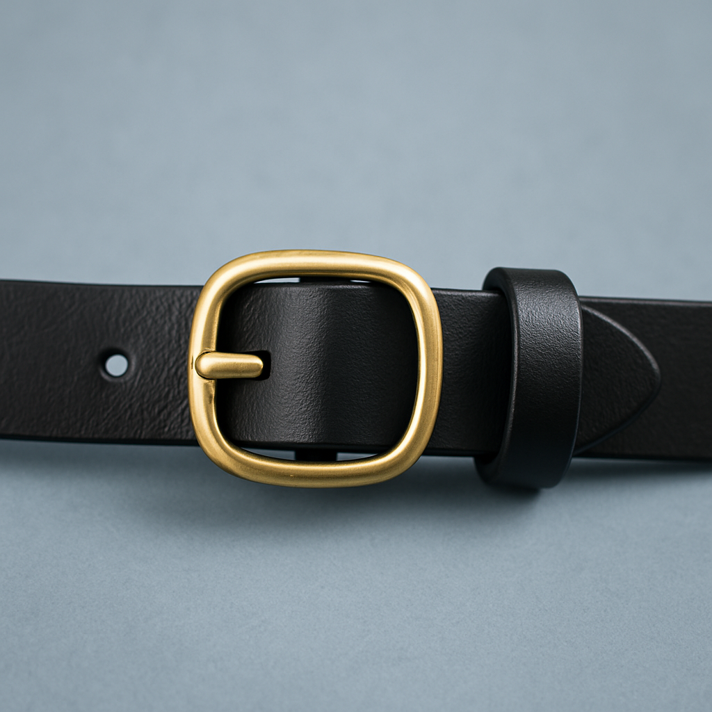 Sort damebelte i ekte skinn og gullfarget spenne.