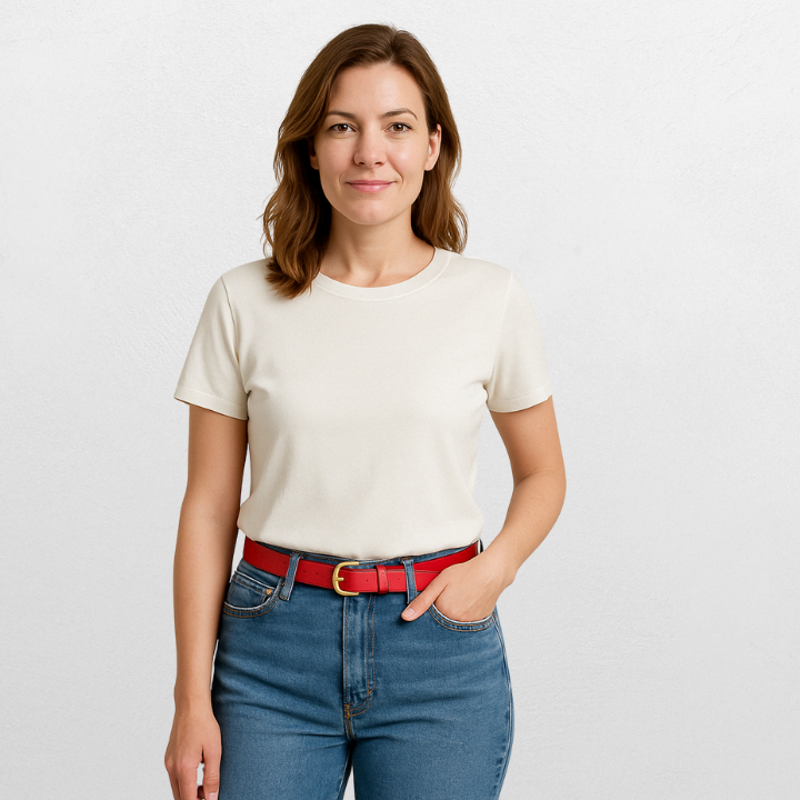 Praktisk og stilig rødt belte i ekte skinn for damer.