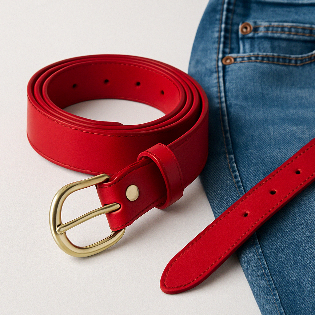 Praktisk og stilig rødt belte i ekte skinn for damer.