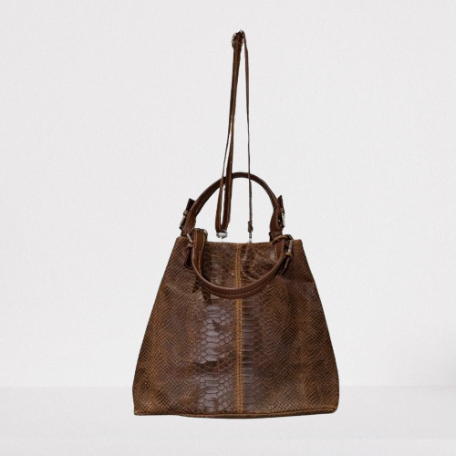 Brun skulderveske i imitert slangeskinn. Ekte skinn. Gratis frakt