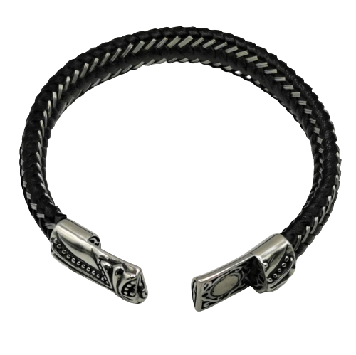 Tigne. Armbånd med flettet reim i stål og skinn. - Zantani.no