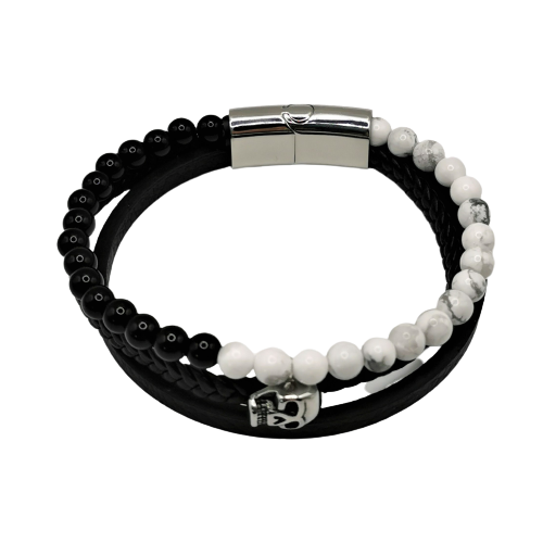 Armbåndet Skull med Hodeskalle.Sorte Skinnreimer, Perler og Rustfritt Stål - Zantani.no