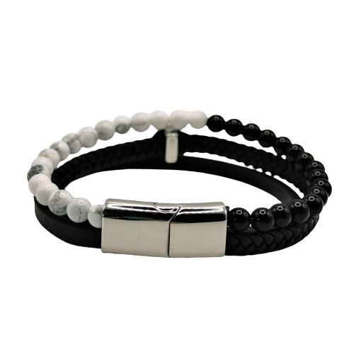 Armbåndet Skull med Hodeskalle.Sorte Skinnreimer, Perler og Rustfritt Stål - Zantani.no