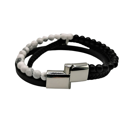 Armbåndet Skull med Hodeskalle.Sorte Skinnreimer, Perler og Rustfritt Stål - Zantani.no