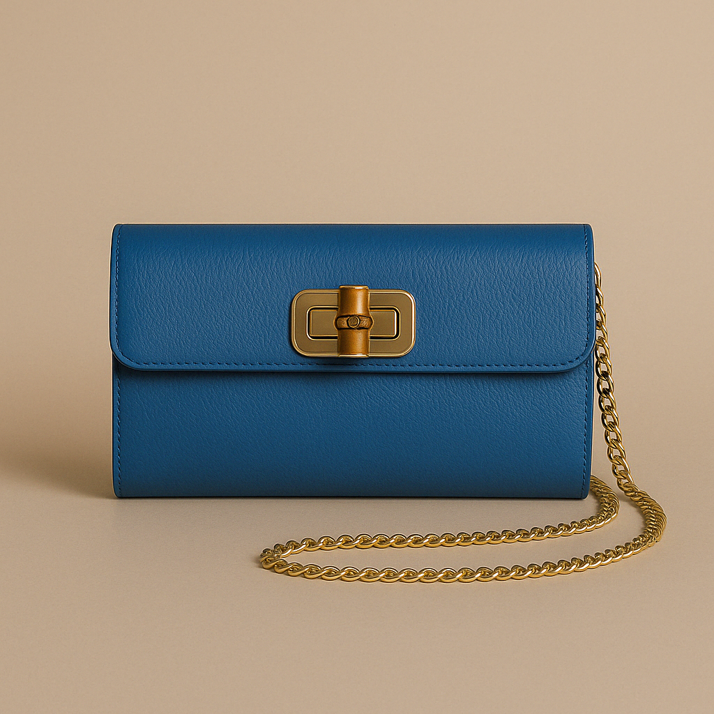 Stilig og praktisk crossbody/clutch veske i blått skinn