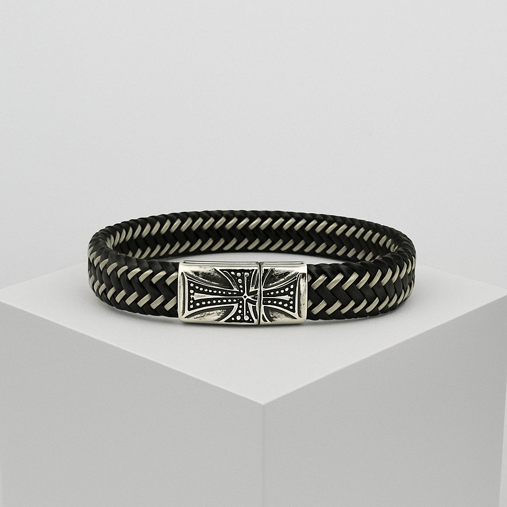 Tigne Armbånd i Vikingstil – Rått Tilbehør i Stål og Skinn. Herre 19.5 cm