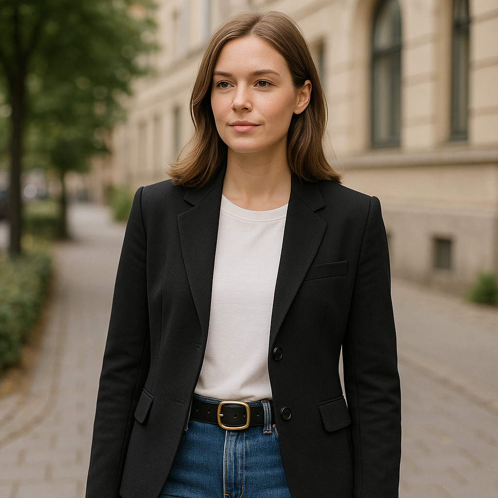 Sort damebelte i ekte skinn og gullfarget spenne.